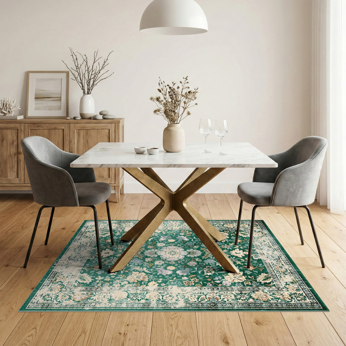 Green Floral Vintage Area Rug