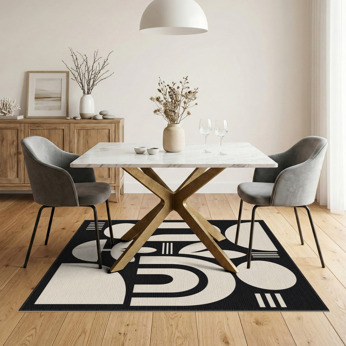 Black White Geometric Botanical Area Rug