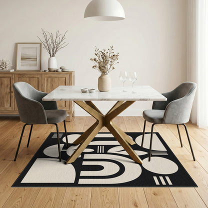 Black White Geometric Botanical Area Rug