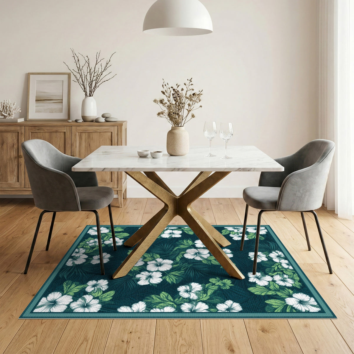 Blue and Teal Hibiscus Floral Area Rug