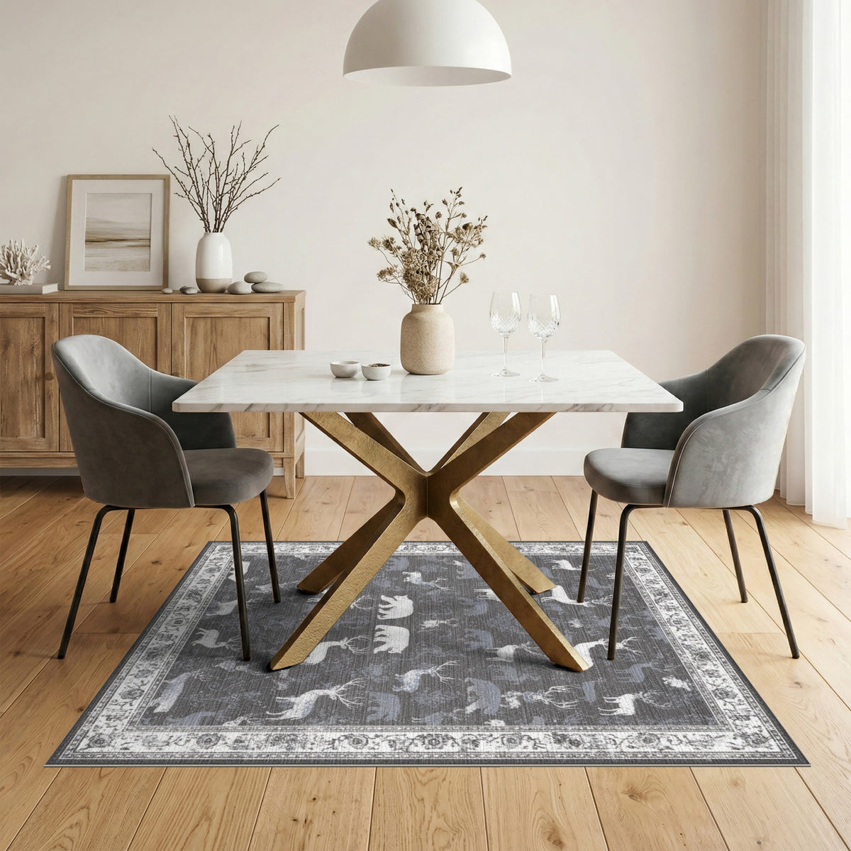 Grey Deer Bear Wildlife Area Rug