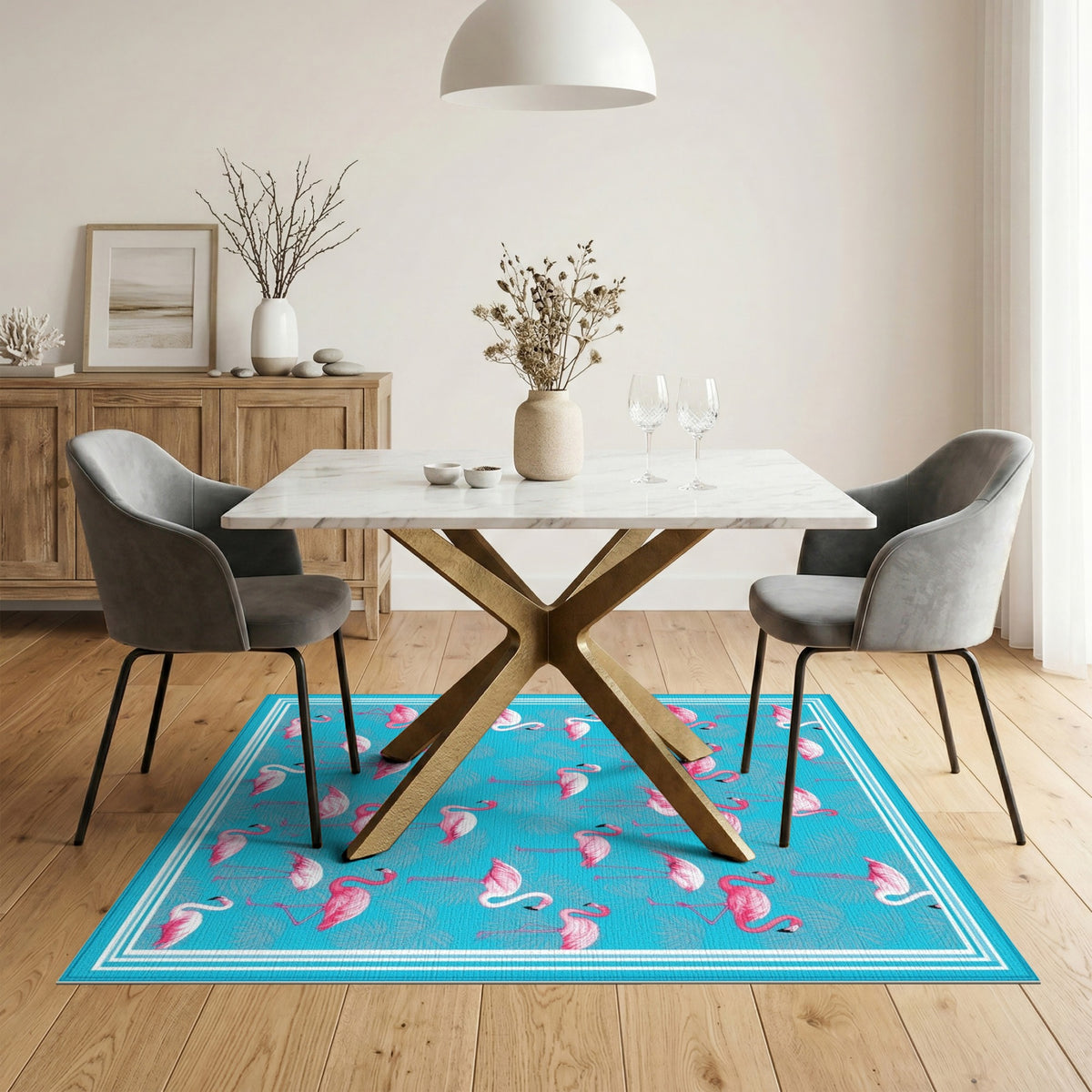 Pink Flamingo Blue Coastal Area Rug