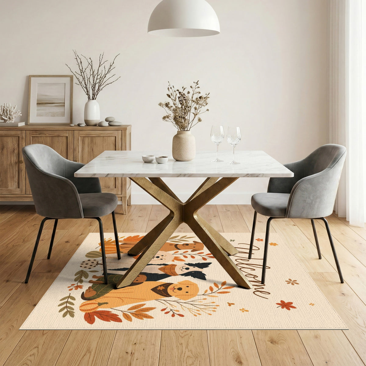 Brown and Tan Autumn Dogs Welcome Area Rug