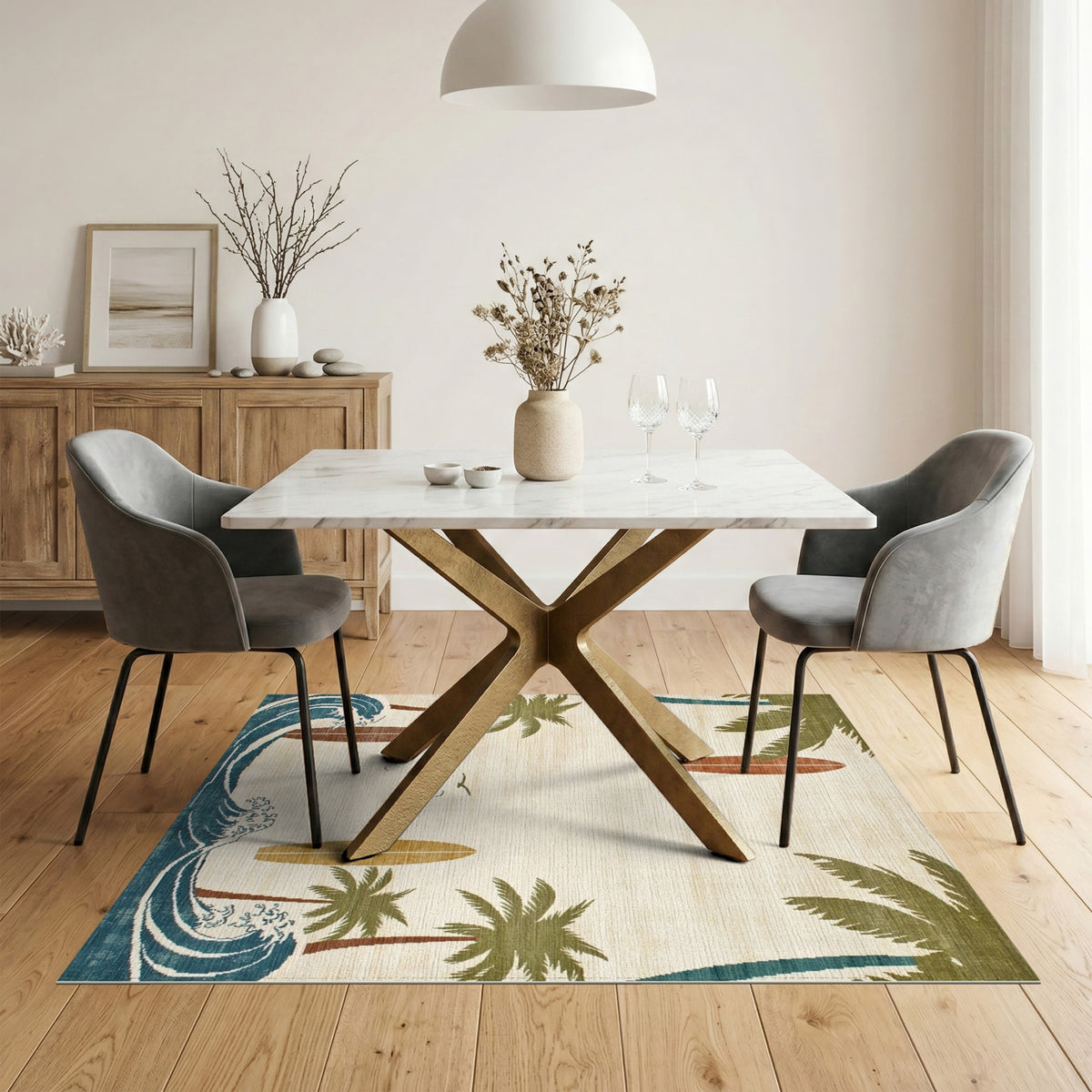 Coastal Beach Palm Tree Surfboard Beige Area Rug