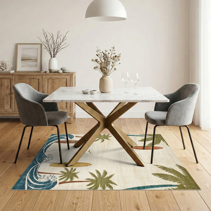 Coastal Beach Palm Tree Surfboard Beige Area Rug