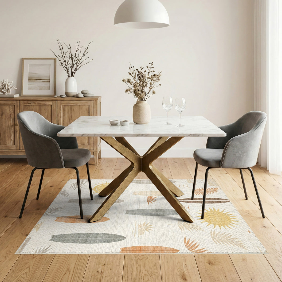 Coastal Surfboard Beige Washable Area Rug
