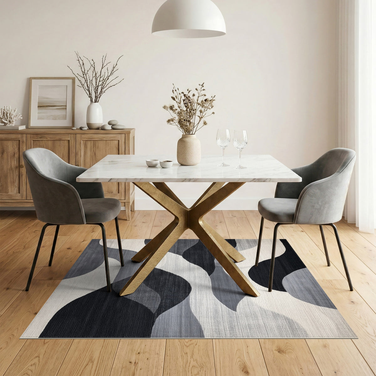 Wave Black White Abstract Wave Area Rug