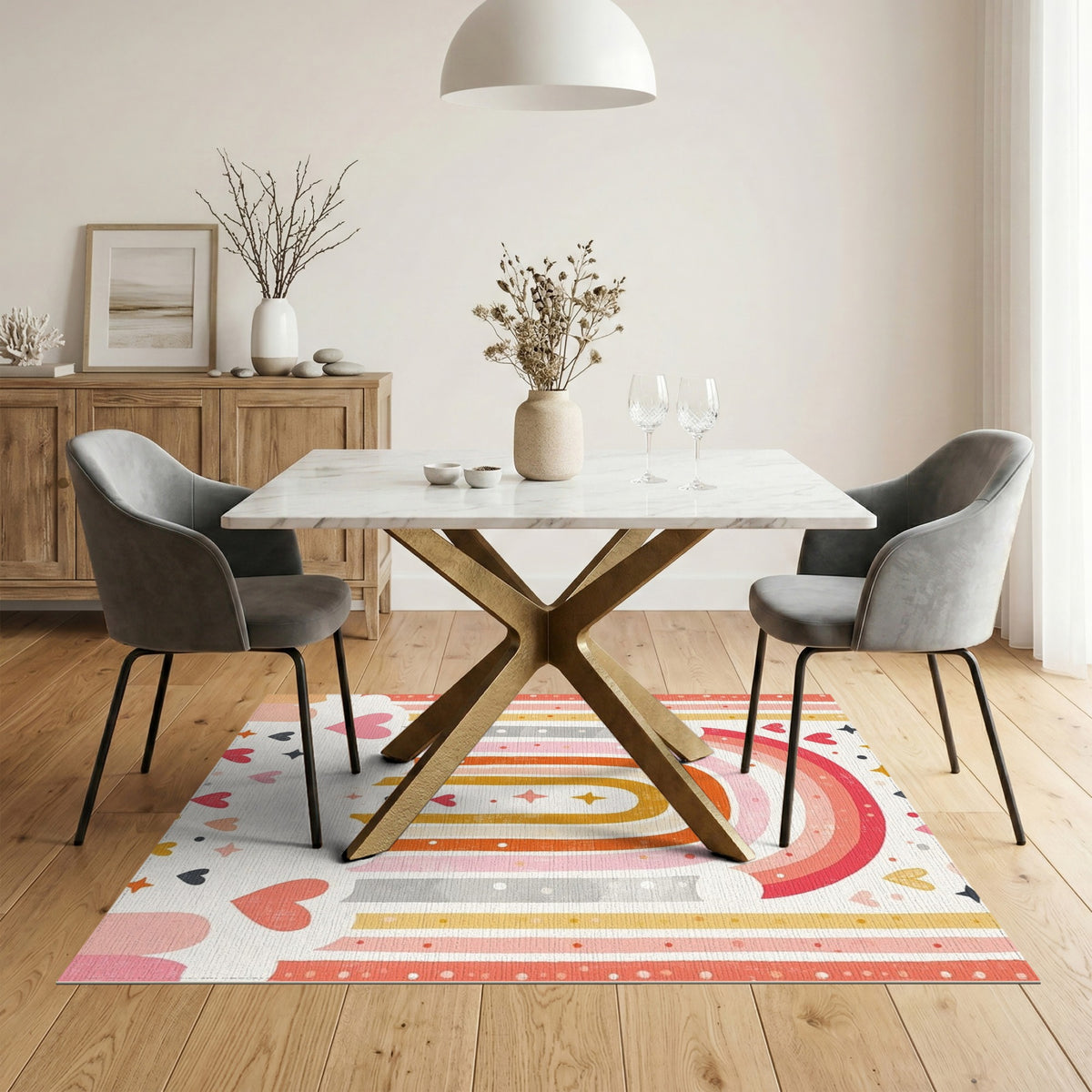 Kids Cartoon Multi-color and Patterns Rainbow Hearts Kids Area Rug