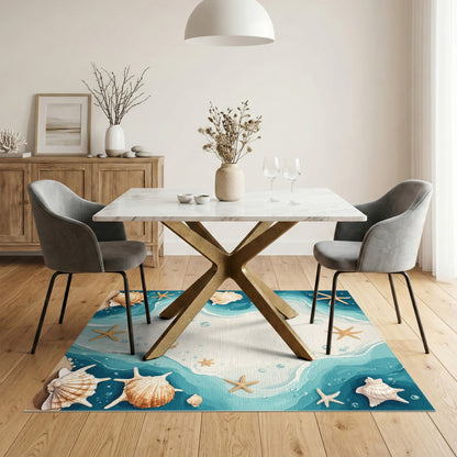 Blue Teal Coastal Seashell Starfish Area Rug