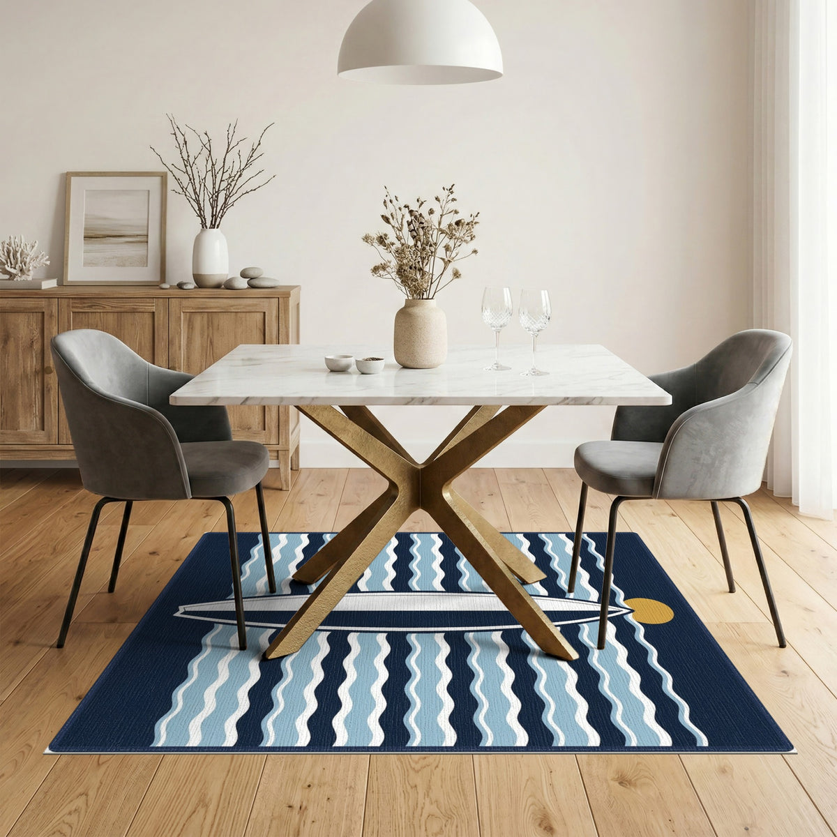 Coastal Surfboard Blue Waves Area Rug
