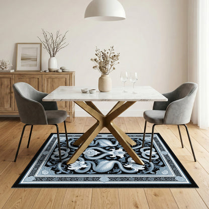 Blue and Teal Blue Serpent Floral Vintage Area Rug