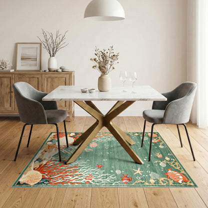 Teal Ocean Reef Washable Area Rug