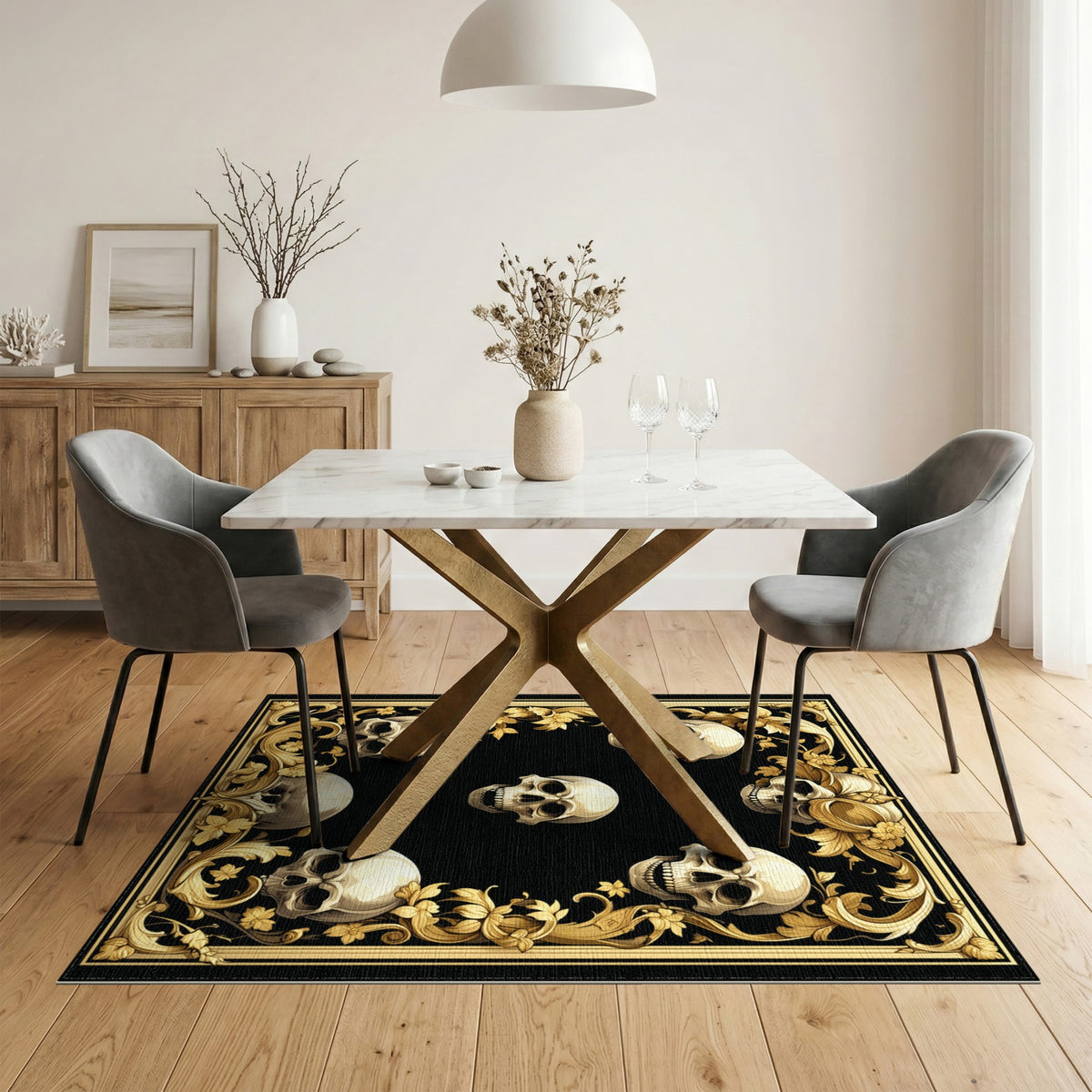 Ornate Gold Skull Floral Area Rug