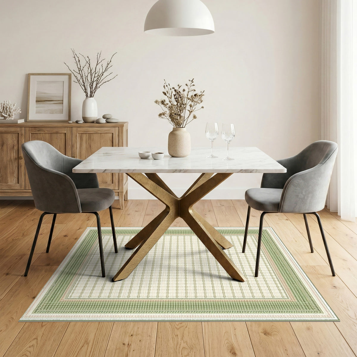 Green Geometric Lattice Border Area Rug