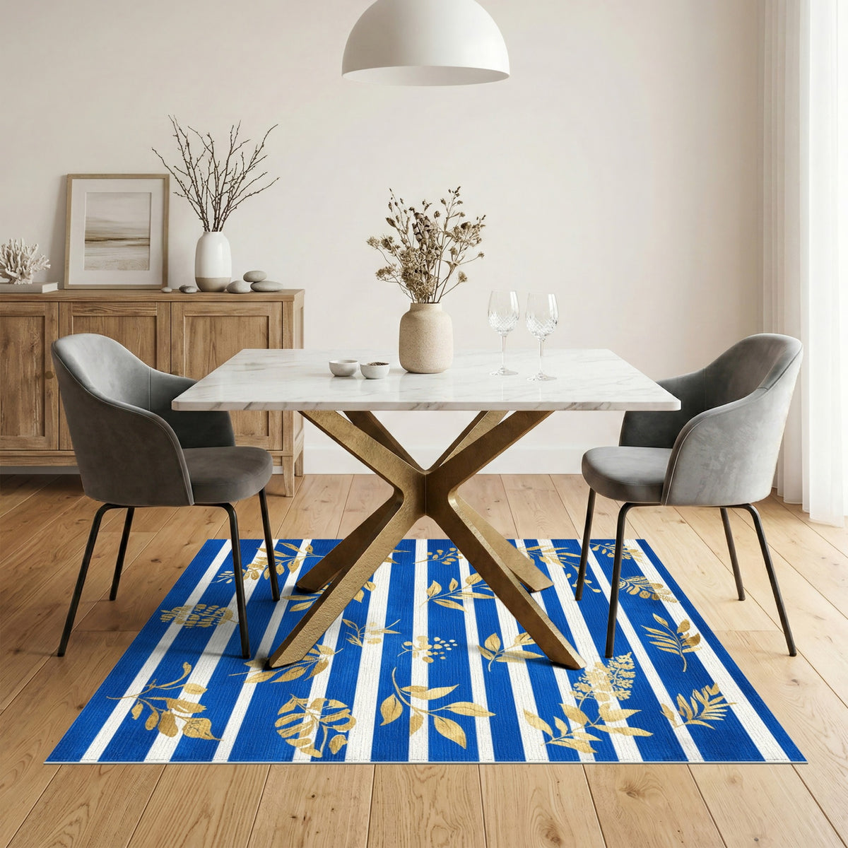 Blue Striped Gold Leaf Washable Area Rug