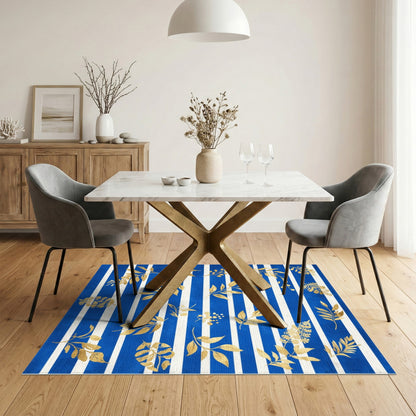 Blue Striped Gold Leaf Washable Area Rug