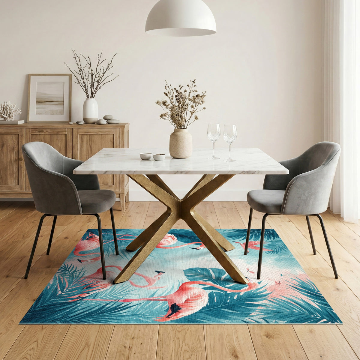 Pink Flamingo Teal Coastal Washable Area Rug