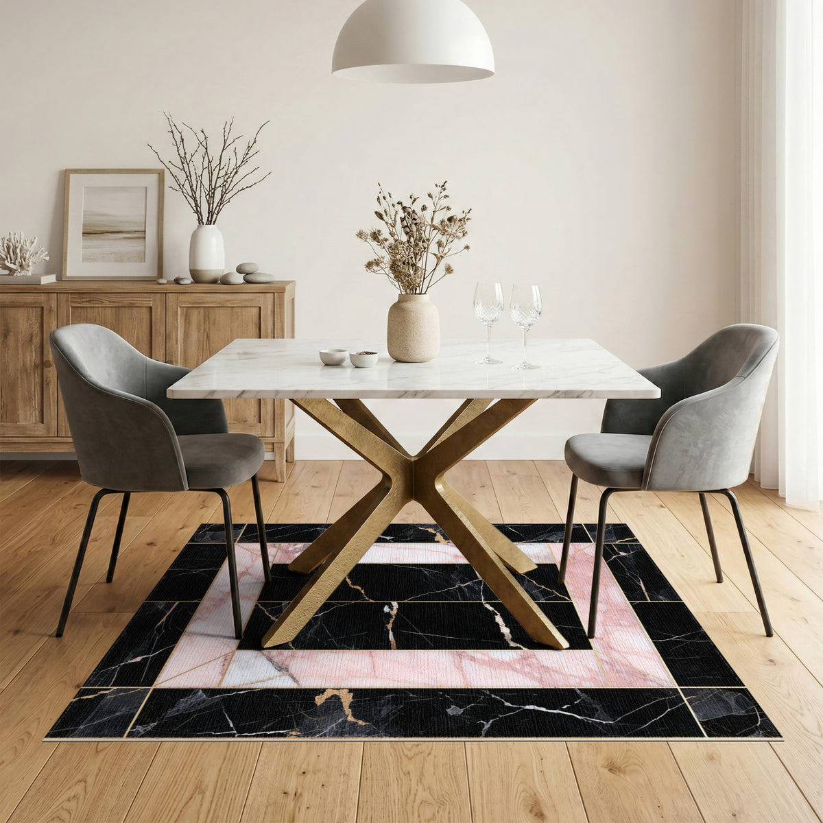 Pink Marble Geometric Frame Area Rug