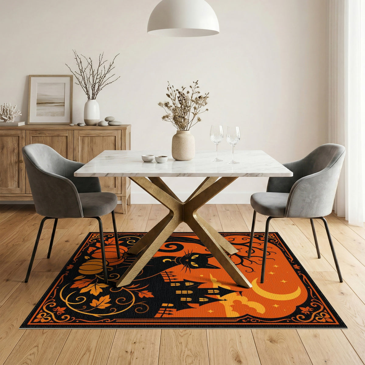 Orange Black Cat Pumpkin Halloween Orange Area Rug