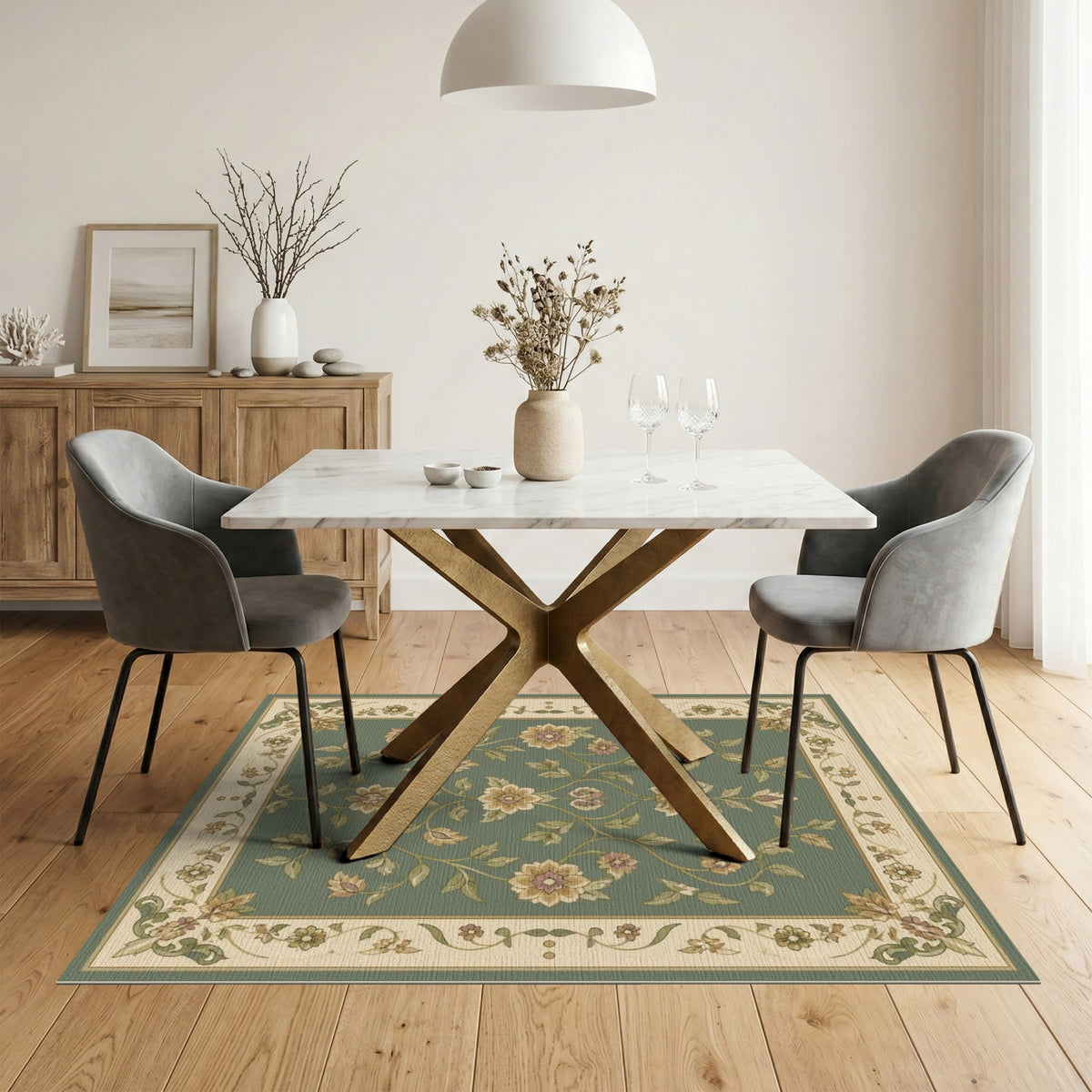 Green Floral Vintage Area Rug