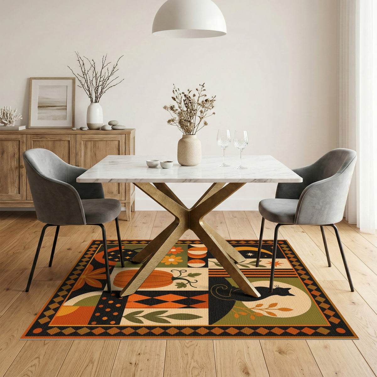 Multi-color and Patterns Black Cat Pumpkin Geometric Area Rug