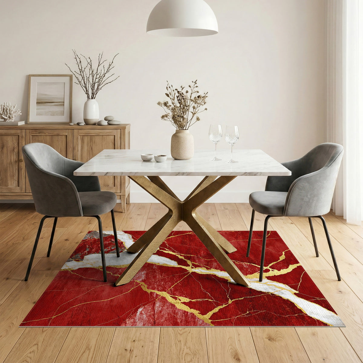 Red Marble Gold Vein Area Rug