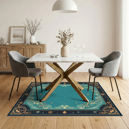 Teal Floral Vintage Area Rug with Gold Border