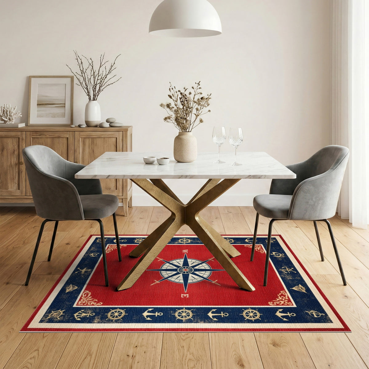 Red Nautical Compass Area Rug with Anchors