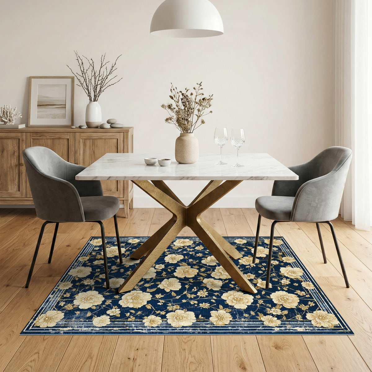 Vintage Floral Navy Blue Area Rug