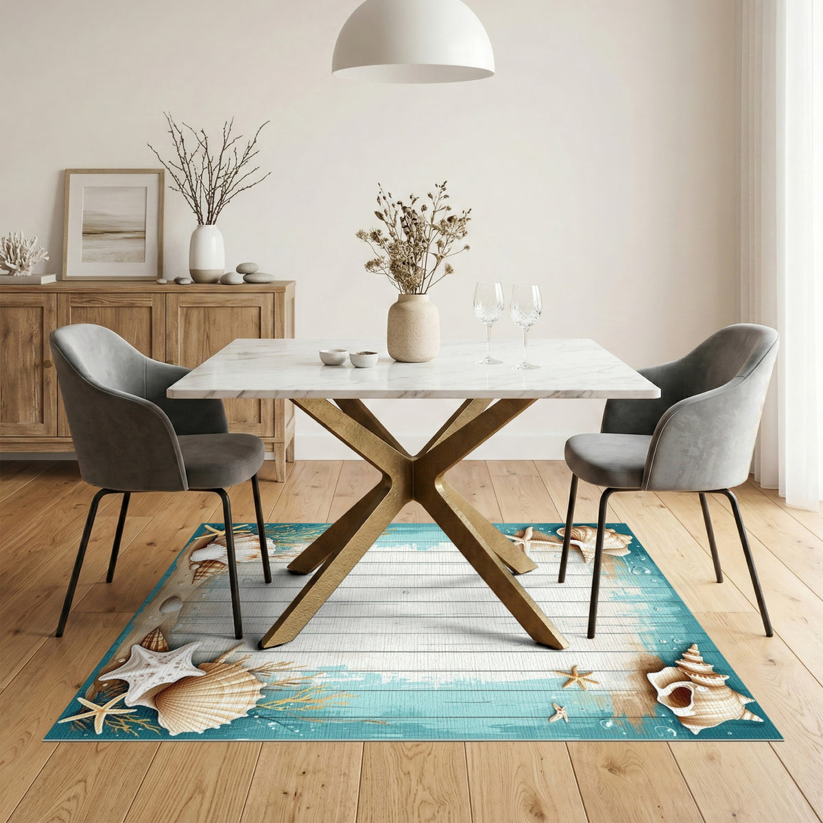 Coastal Beach Seashell Starfish Blue Teal Area Rug