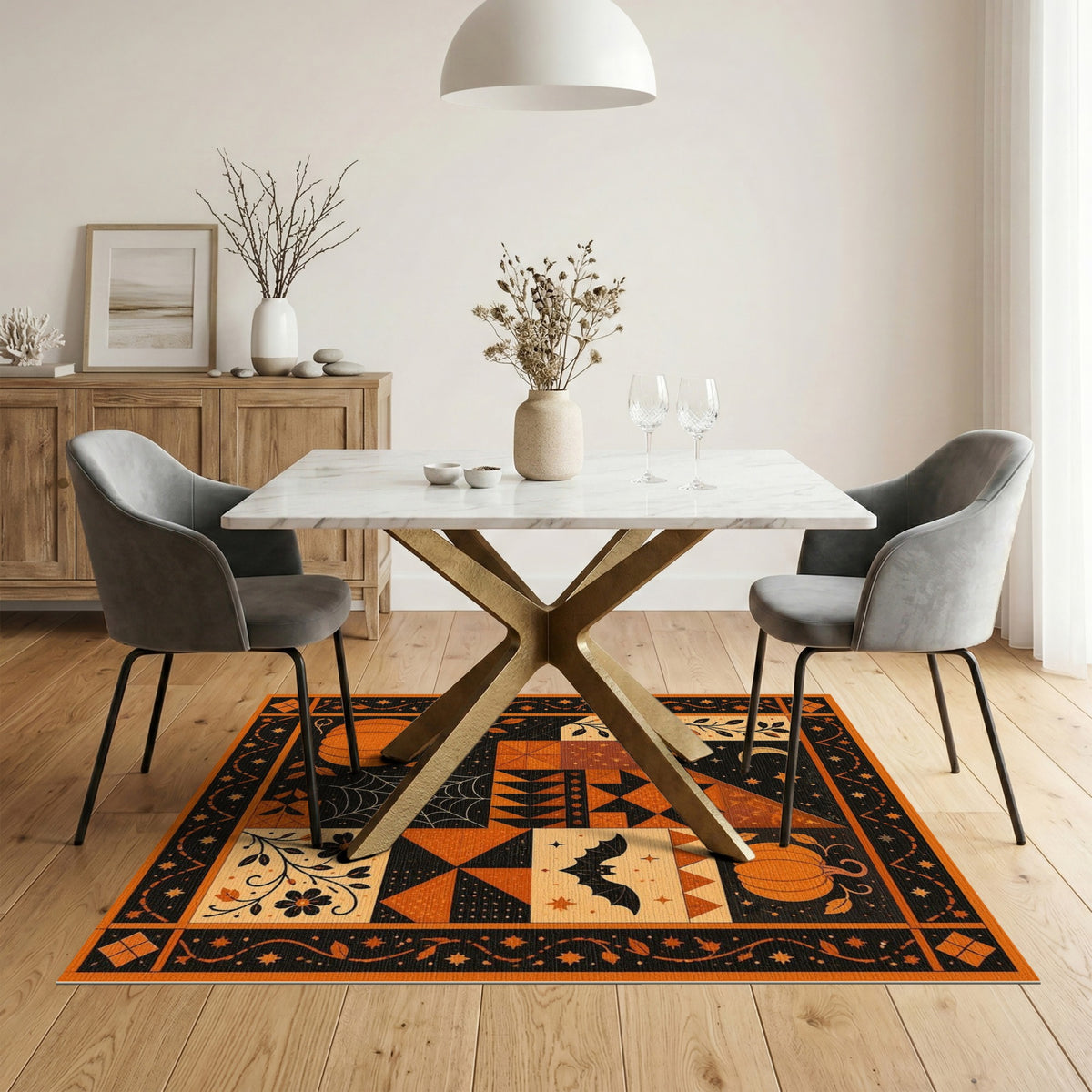 ODIKA Orange Pumpkin Bat Patchwork Area Rug