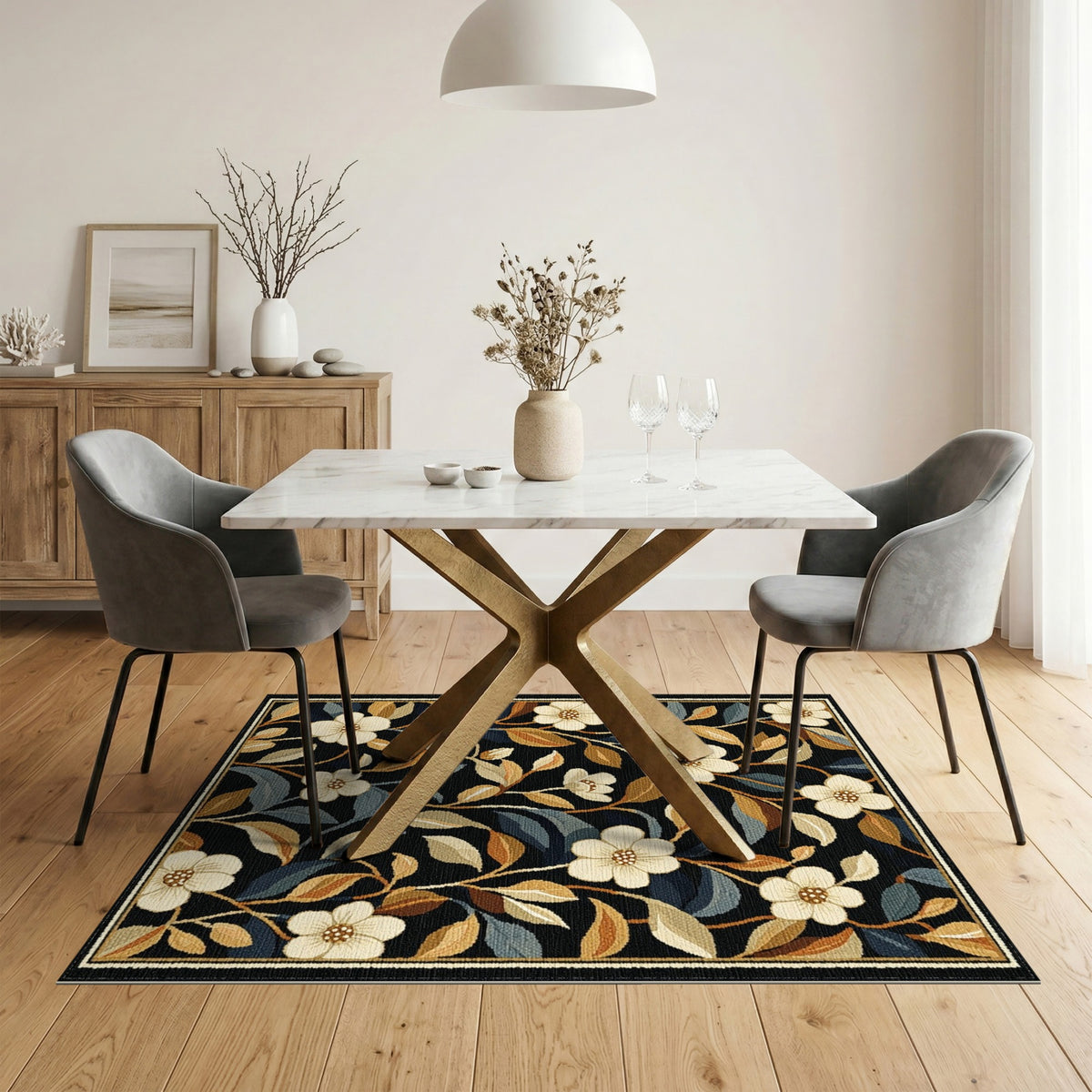 Vintage Floral Black Area Rug with Cream Blooms