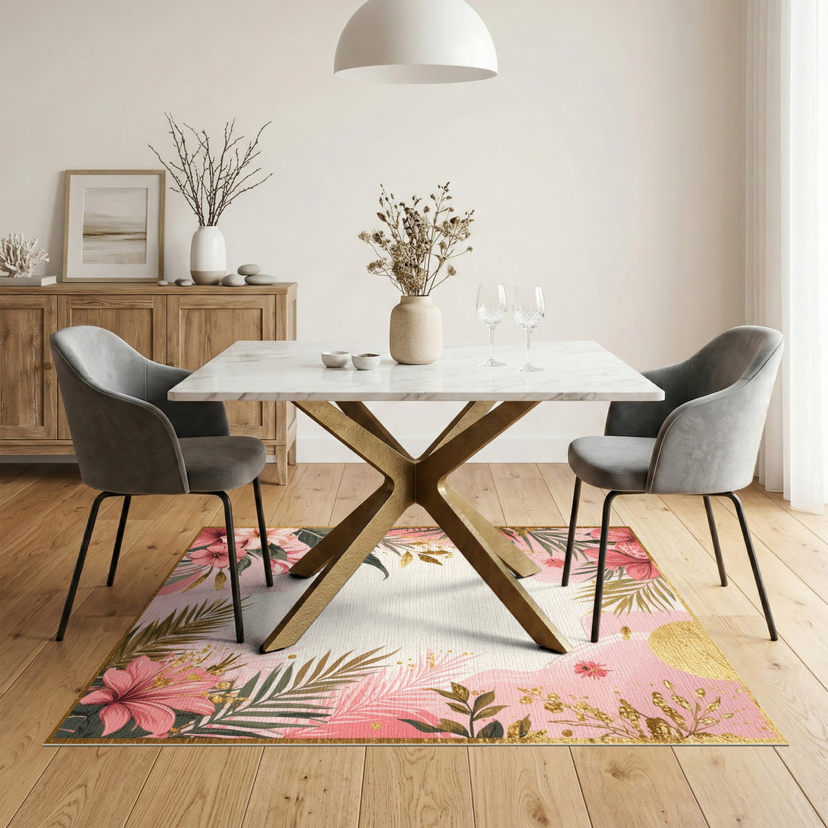 Pink Floral Vintage Pink Floral Gold Washable Area Rug