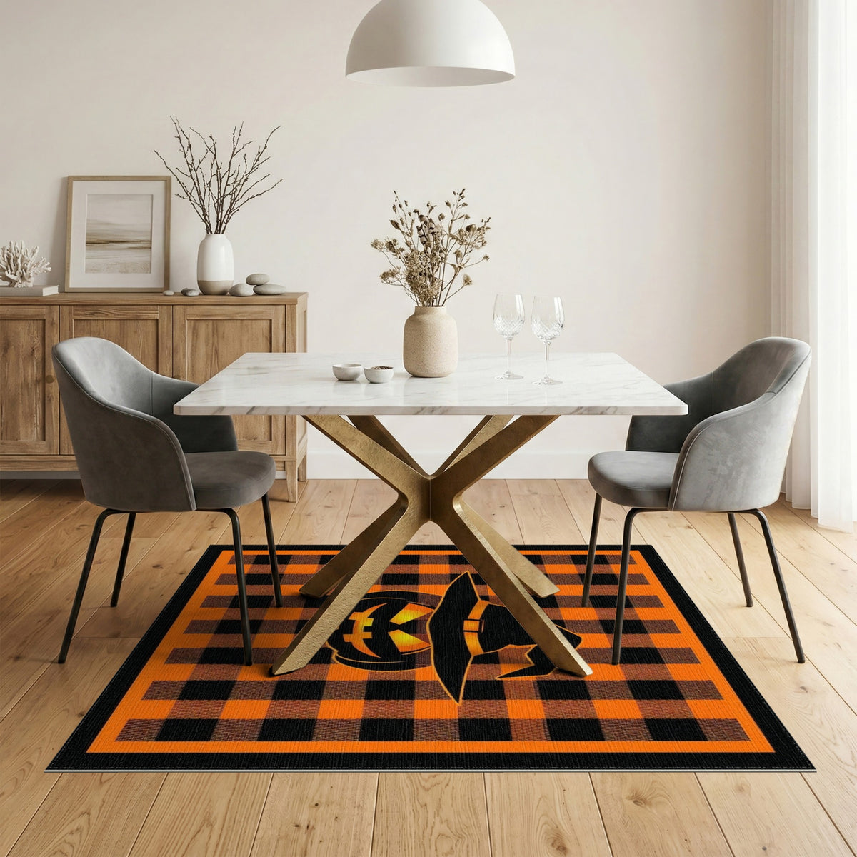 Orange Buffalo Check Pumpkin Witch Hat Area Rug