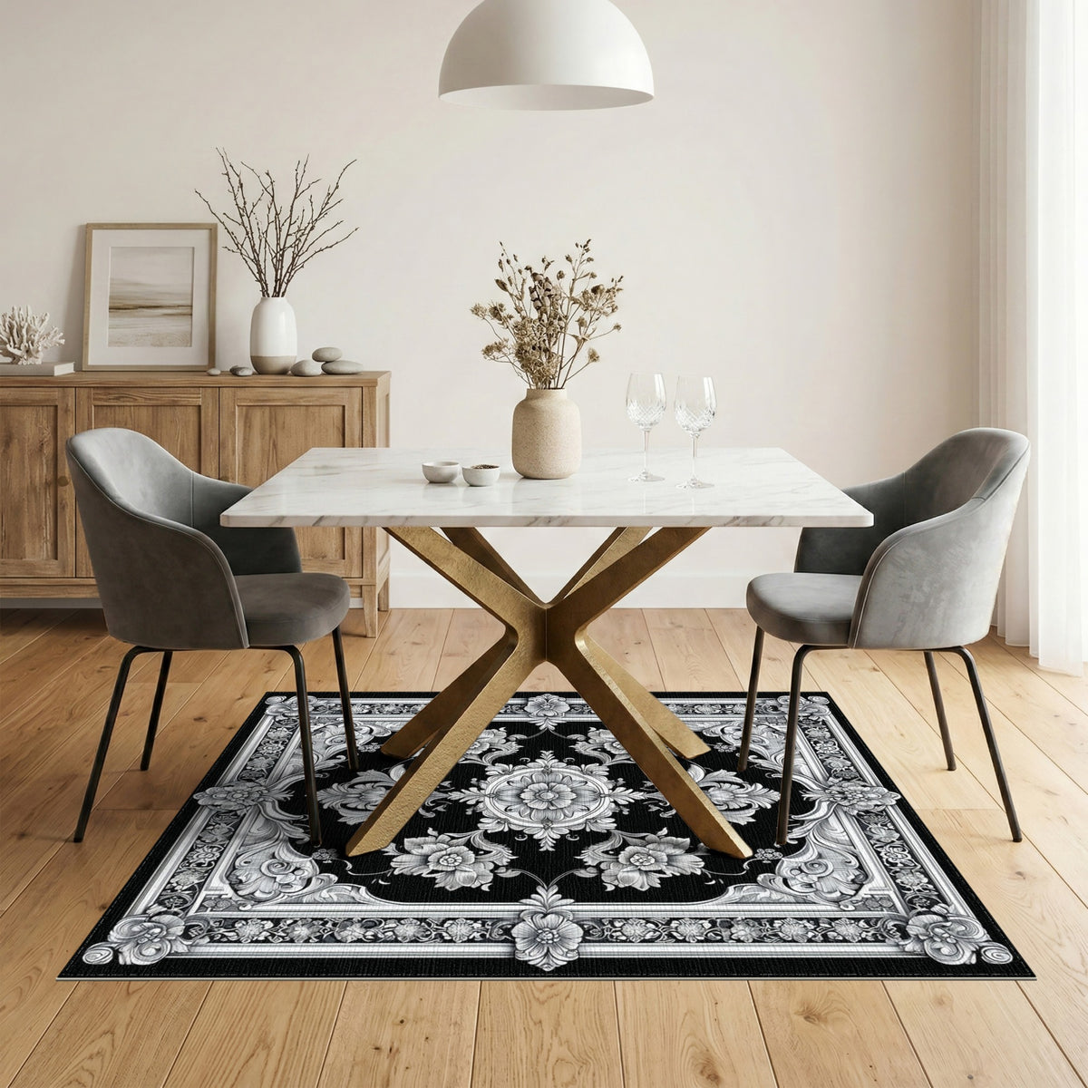 Black White Ornate Floral Vintage Rug