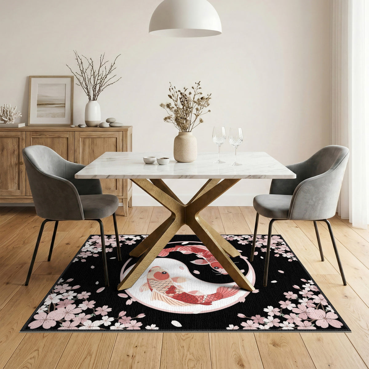 Pink Koi Yin-Yang Cherry Blossom Area Rug