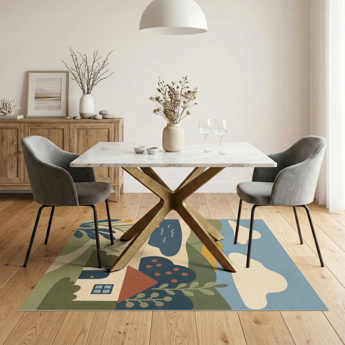Blue Hillside Cottage Washable Area Rug