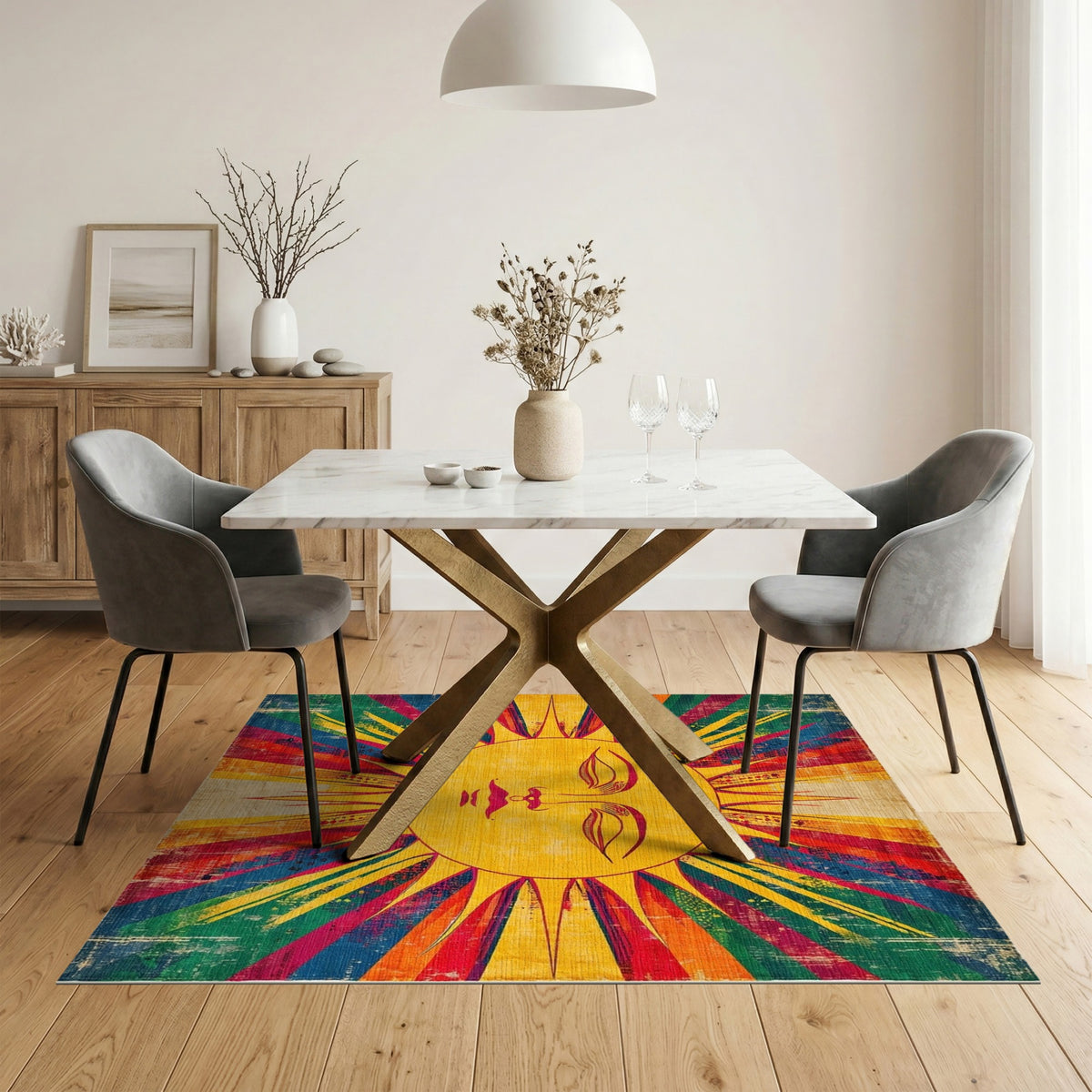 Vibrant Sun Face Distressed Vintage Rug