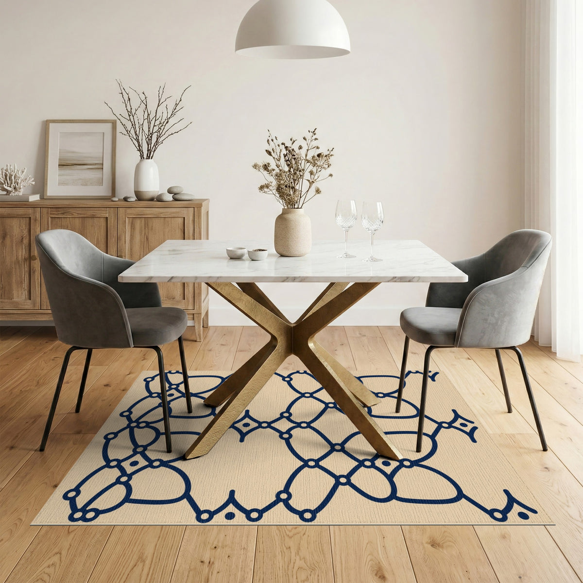 Navy Geometric Lattice Beige Area Rug