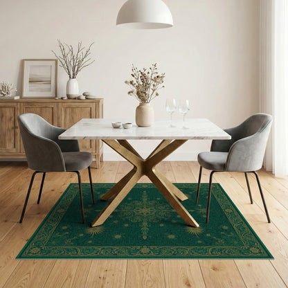 Green Persian Rug with Gold Starburst Motifs