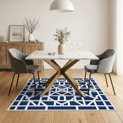 Navy Blue Geometric Lattice Blue and Teal Area Rug