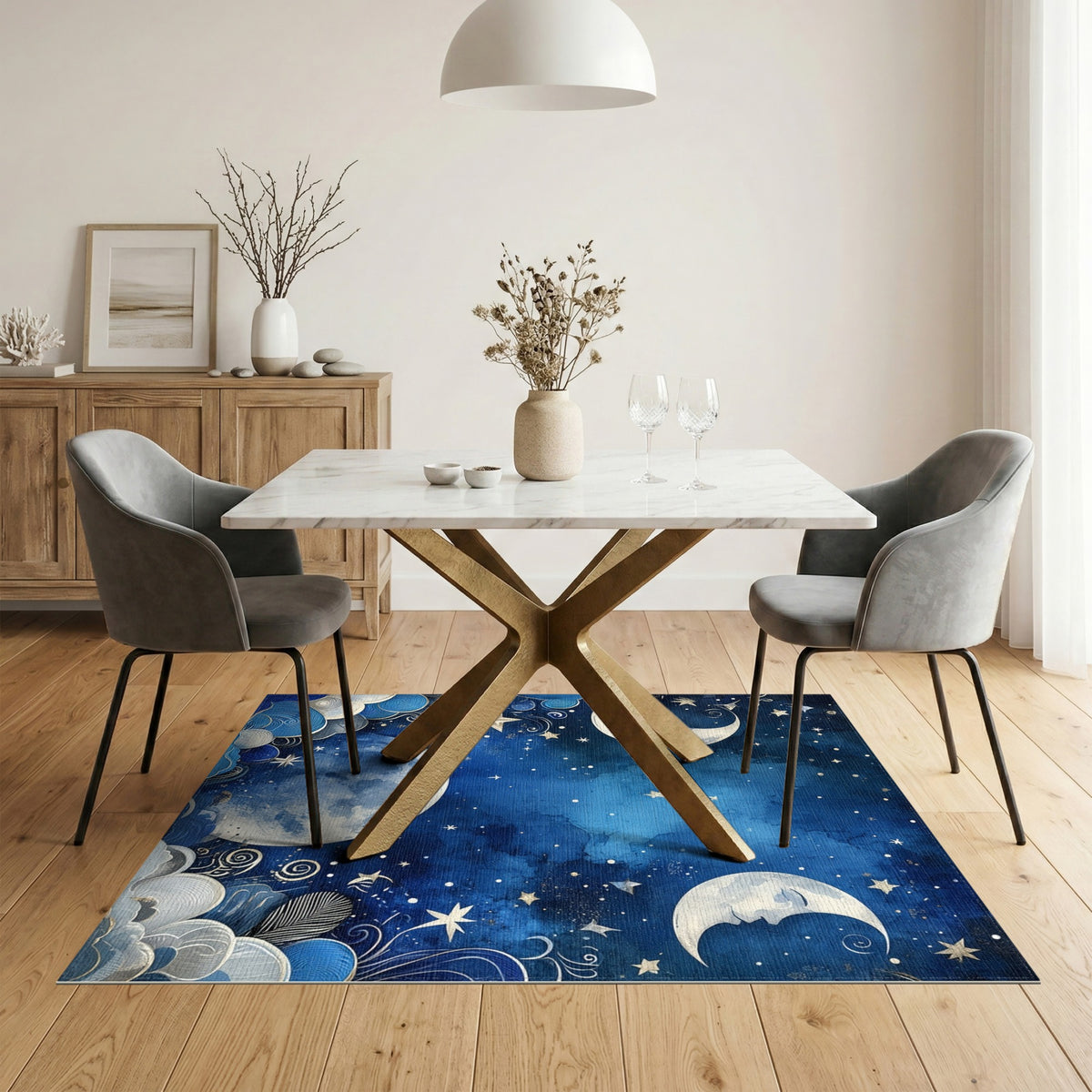 Celestial Moonlit Sky Blue Area Rug