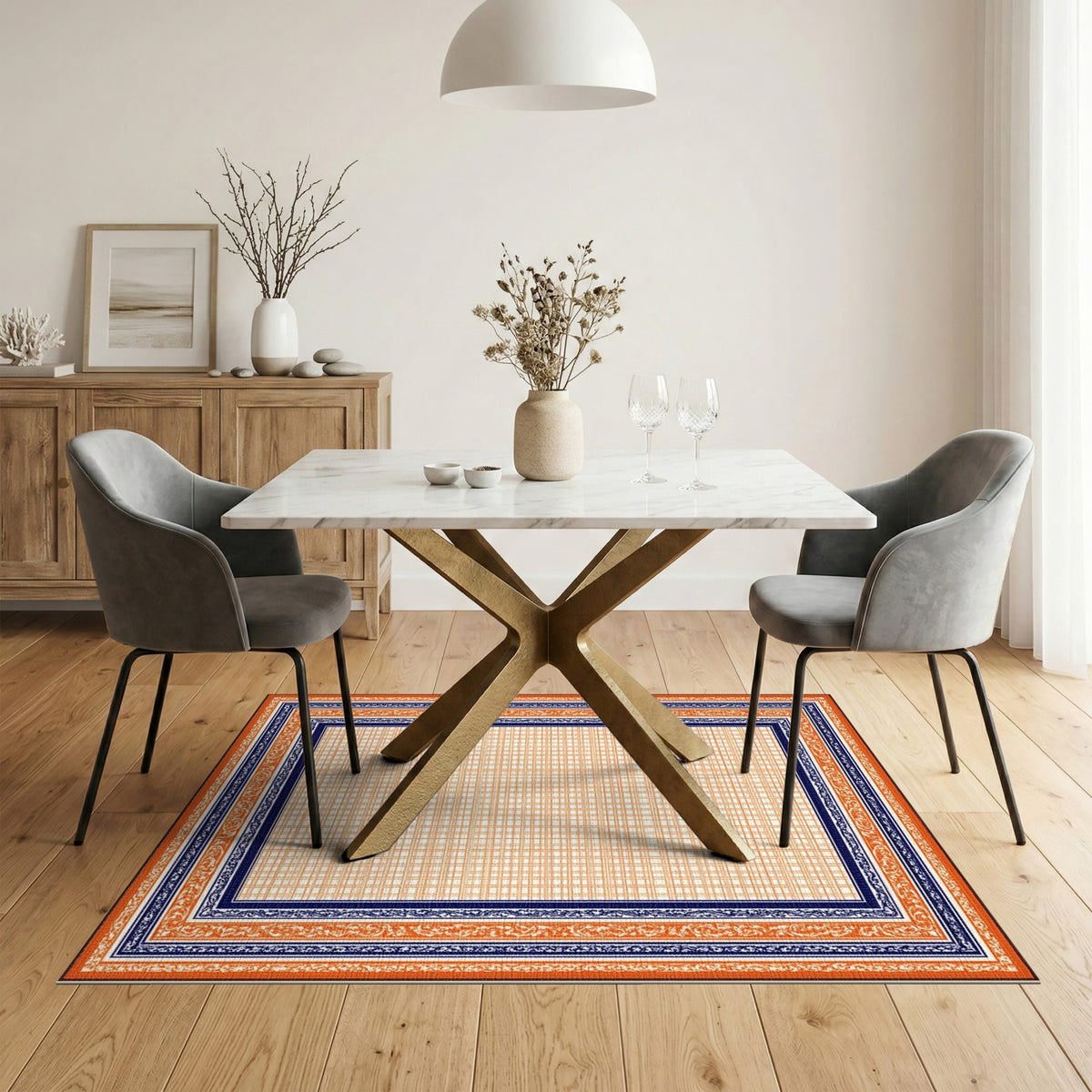 Orange Scroll Border Geometric Area Rug