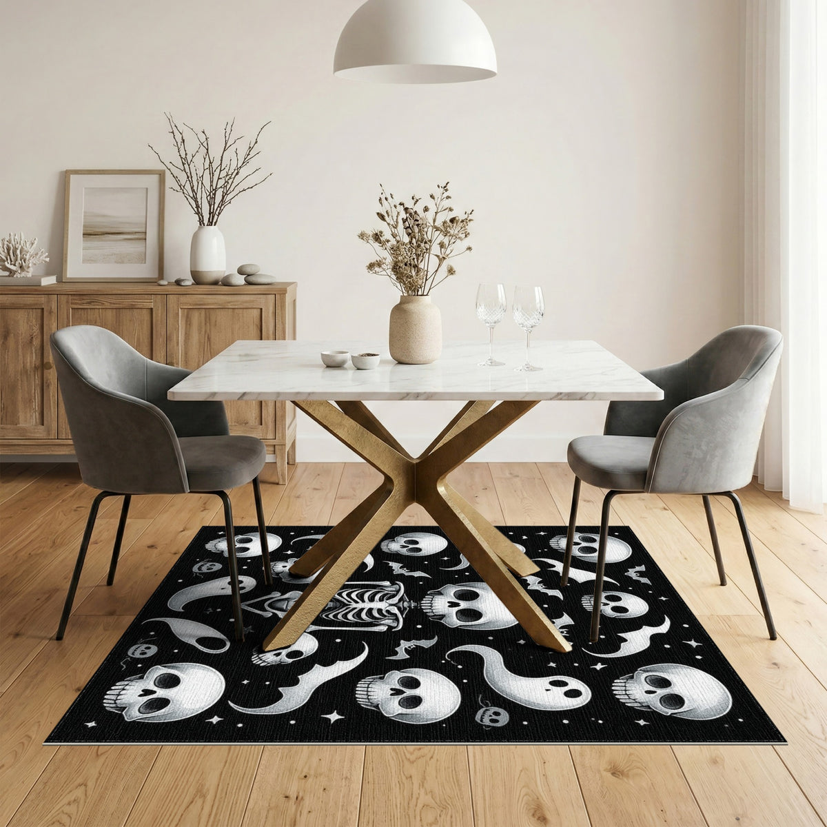 Black White Skeleton Ghost Area Rug