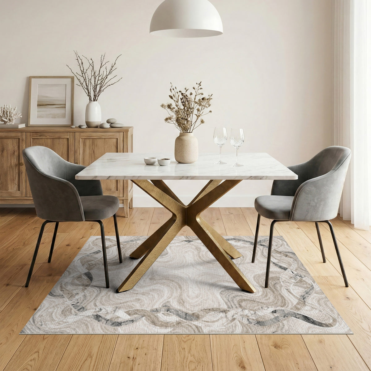 Beige Marble Swirl Wave Border Area Rug