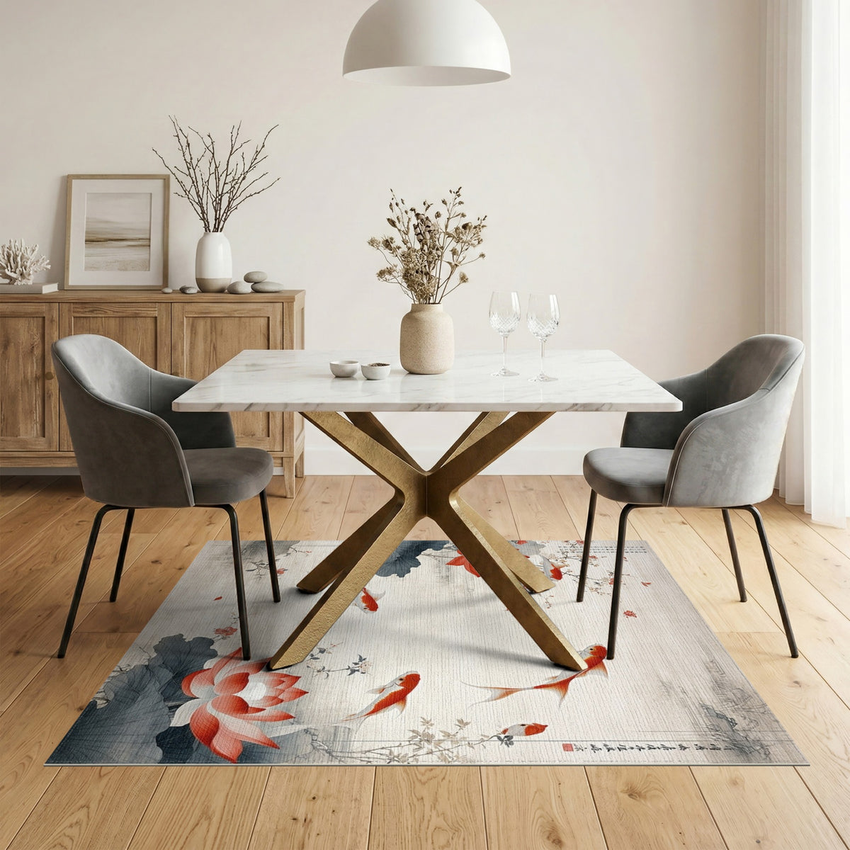 Red Koi Lotus Floral Vintage Area Rug