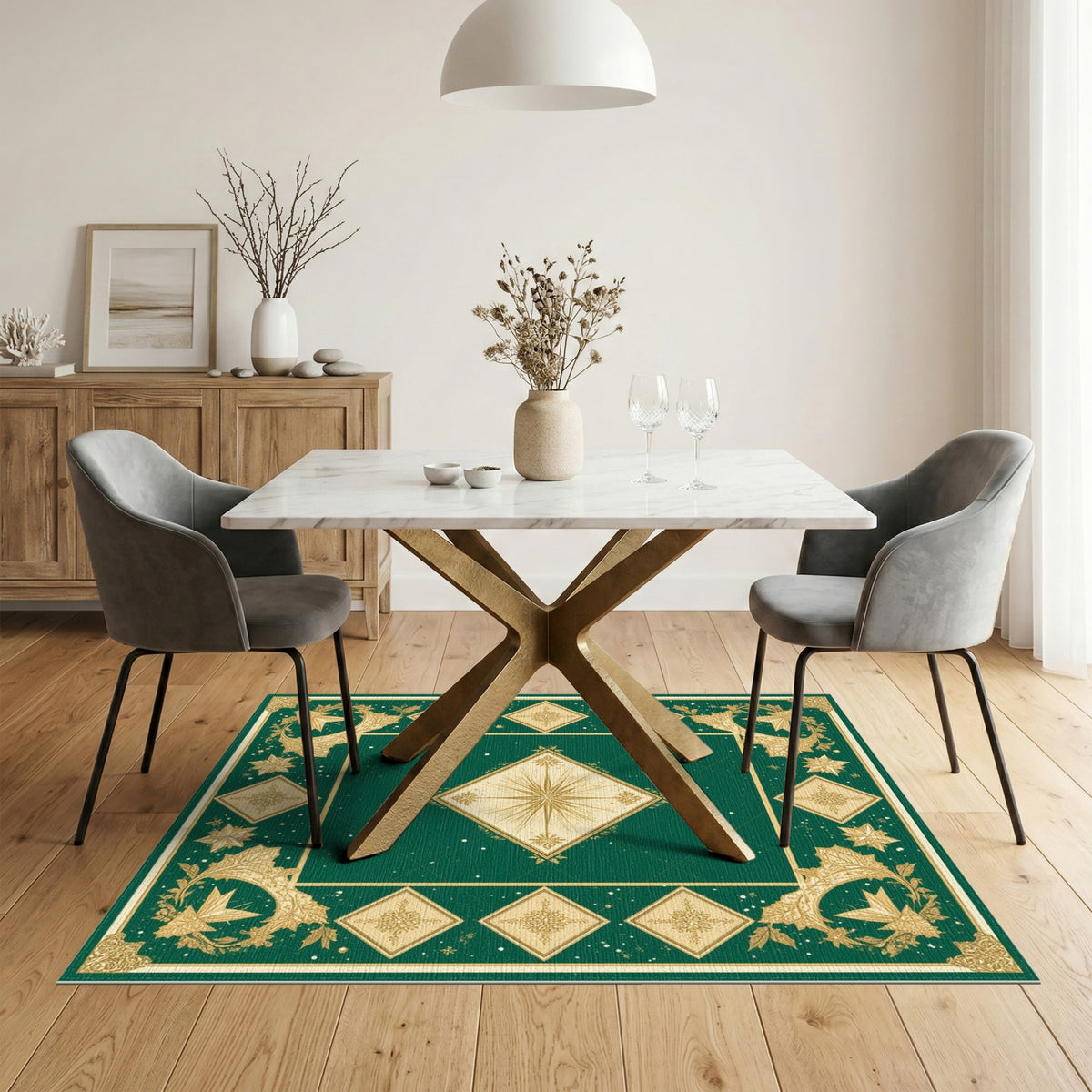 Green Gold Snowflake Starburst Area Rug