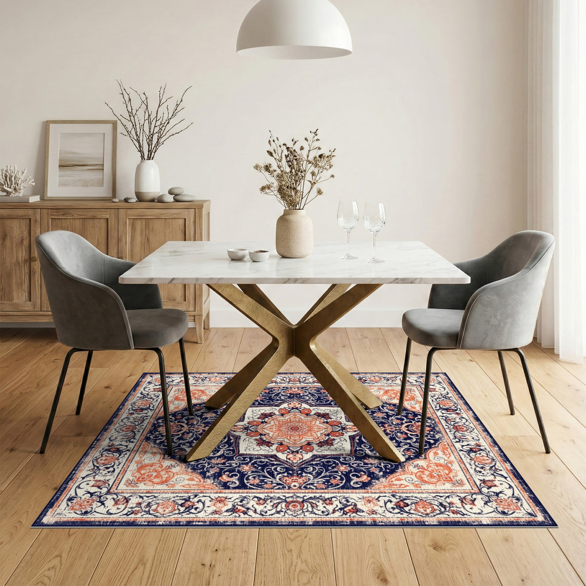 Navy Blue Floral Persian Area Rug
