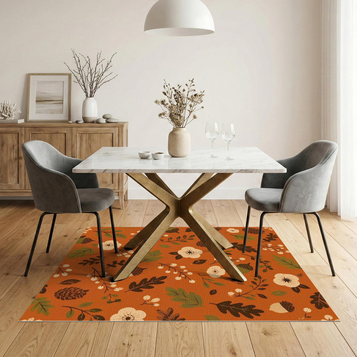 Orange Autumn Floral Acorn Area Rug