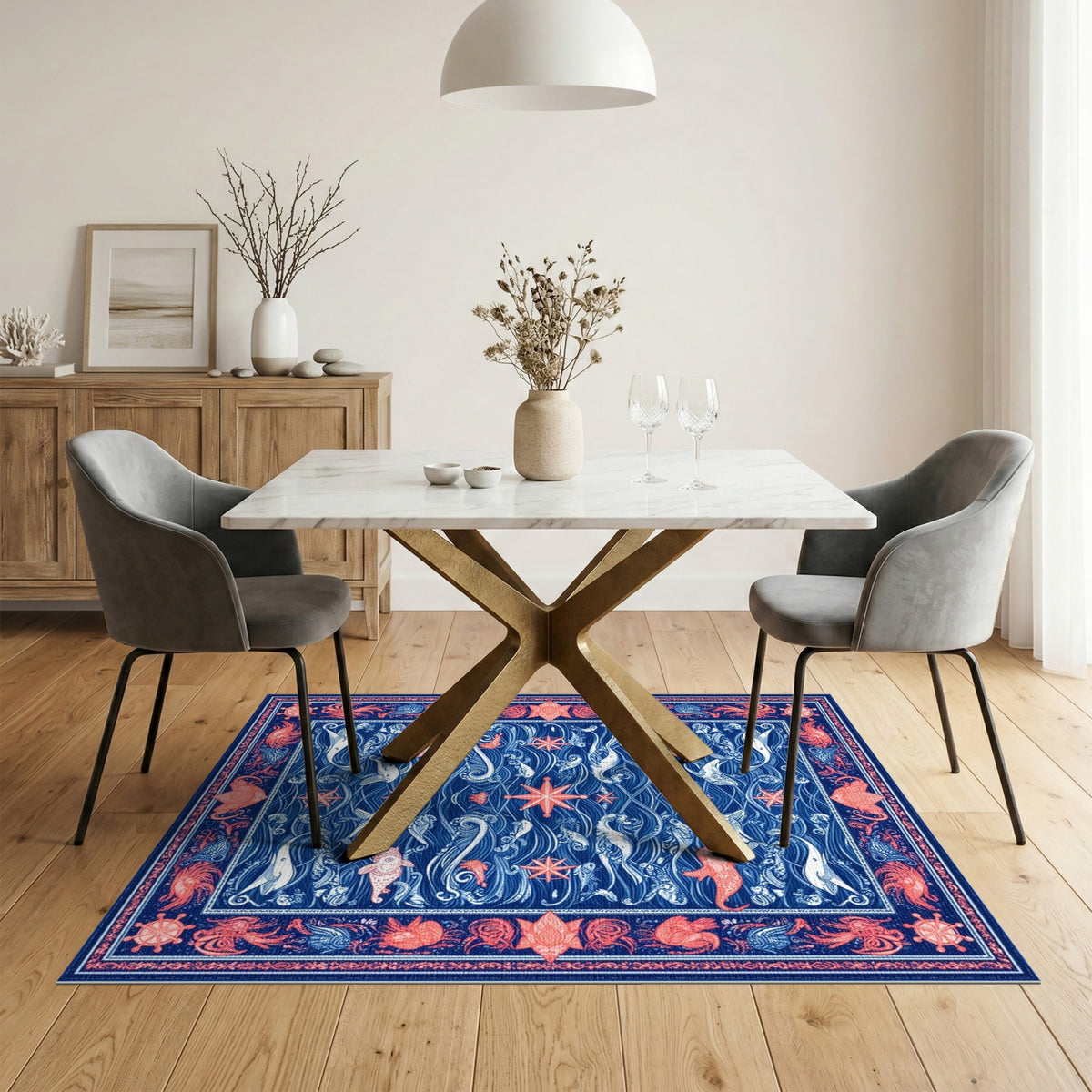 Blue Nautical Ocean Life Area Rug
